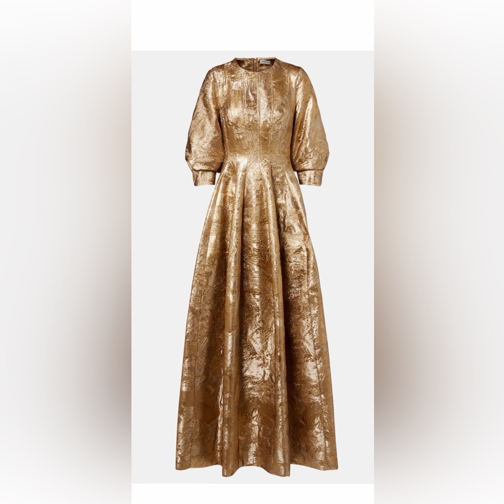 Jonathan Simkhai Claravelle Gold Metallic Puff-Sleeve Maxi Dress modest gown US8